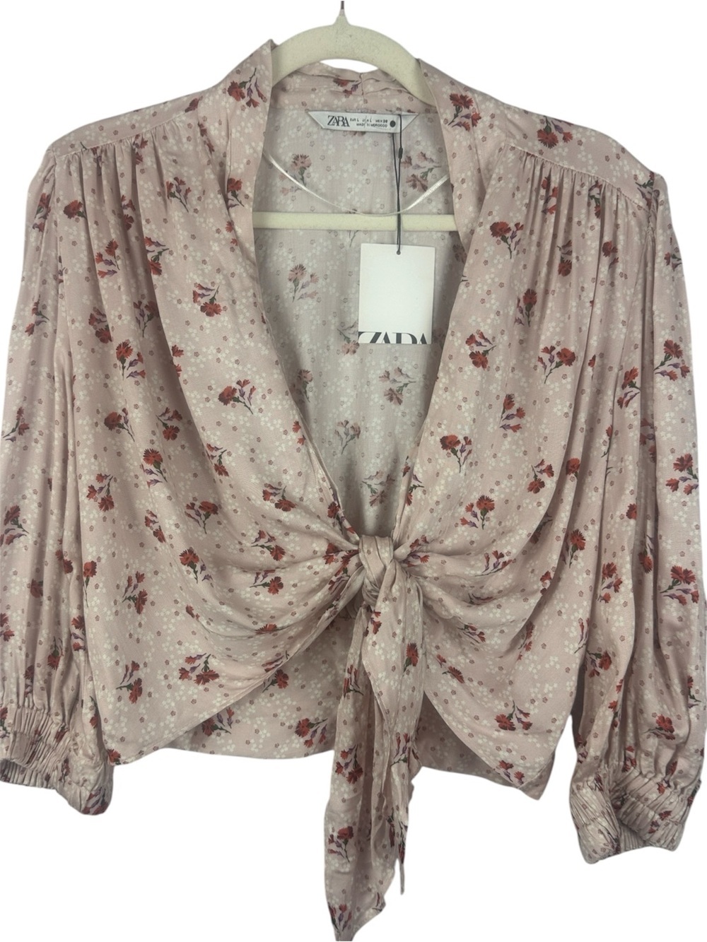 NWT Zara Floral Tie-Front Puff Sleeve Cropped Blouse - Mauve Pink - Size L - Picture 1 of 11